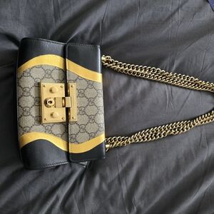 Calfskin GG Supreme Monogram Small Padlock Shoulder Bag Black Gold